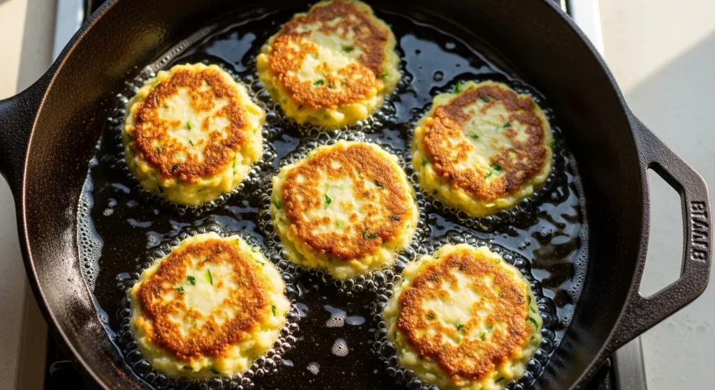 Golden fritters frying in oil.