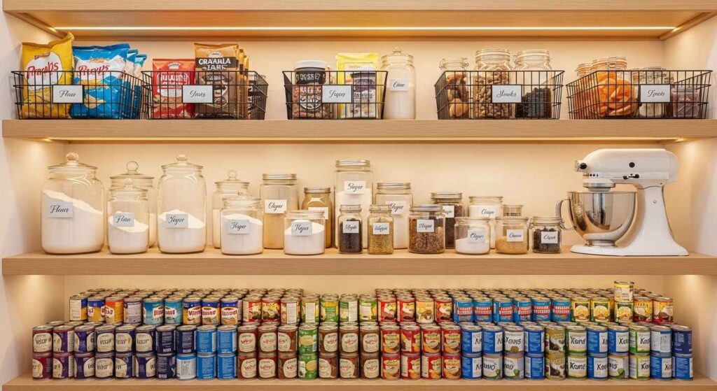 Fully organized kitchen pantry with zones.