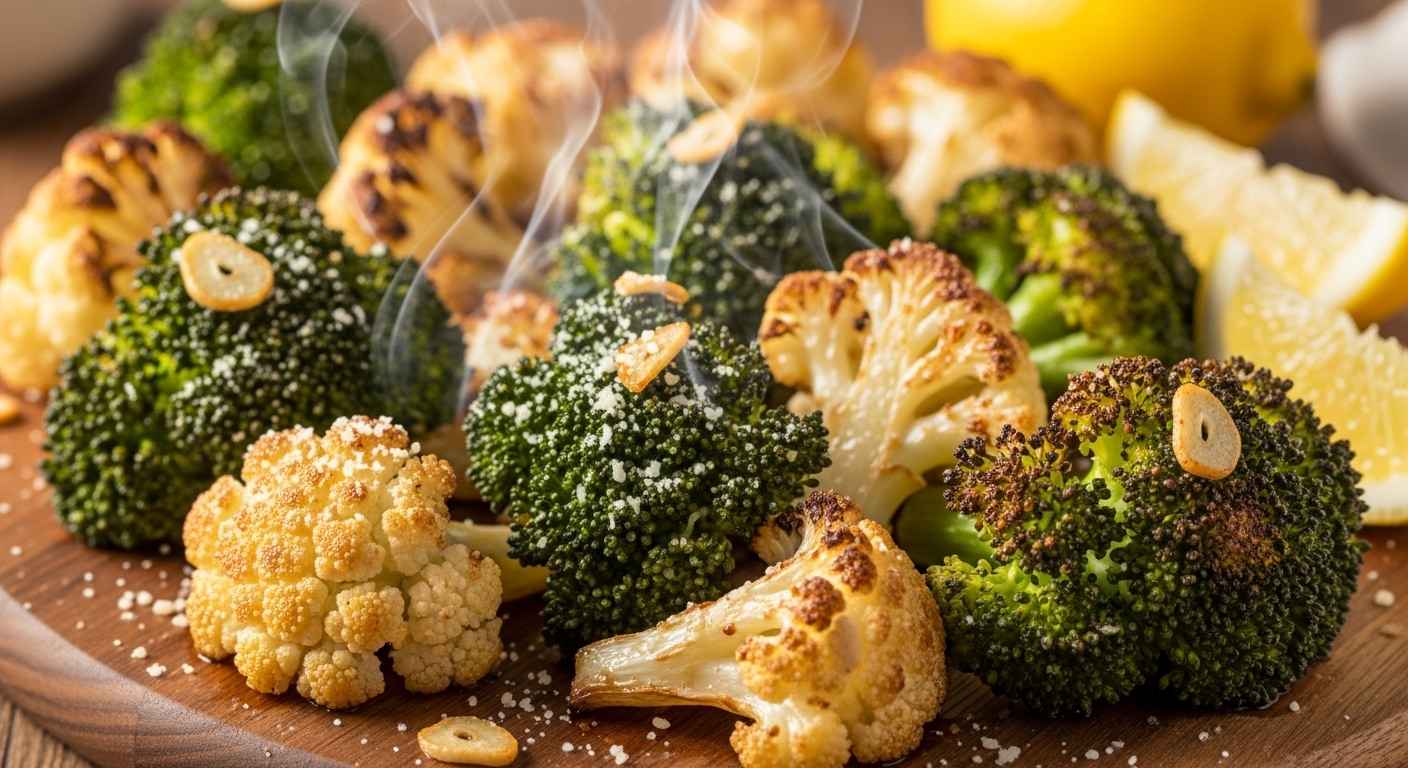 Thumbnail of roasted broccoli and cauliflower with garlic.