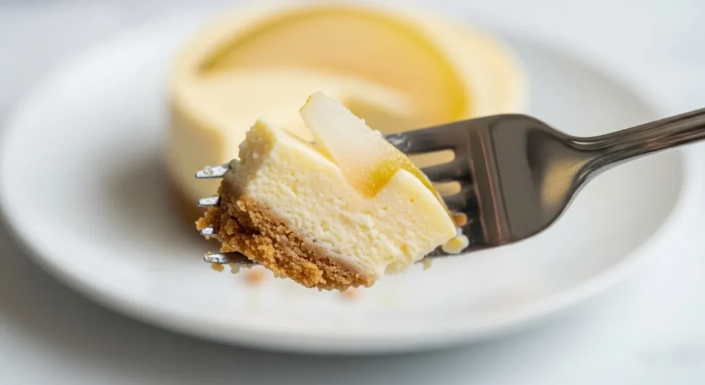 Fork with a piece of ginger pear cheesecake.