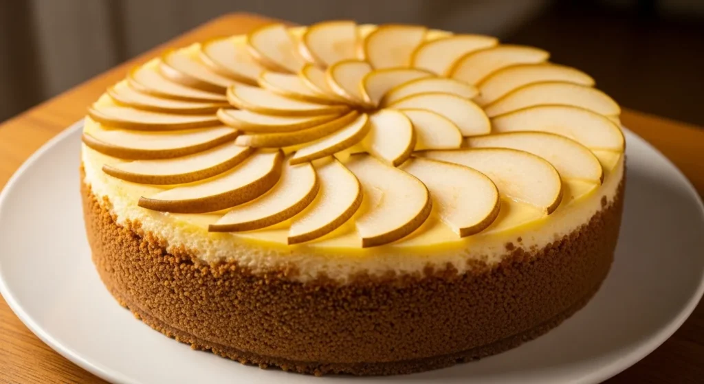 Whole ginger pear cheesecake with gingersnap crust.