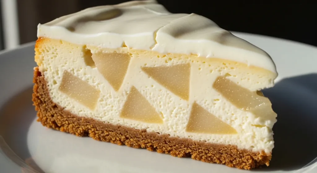 Close-up slice of ginger pear cheesecake.