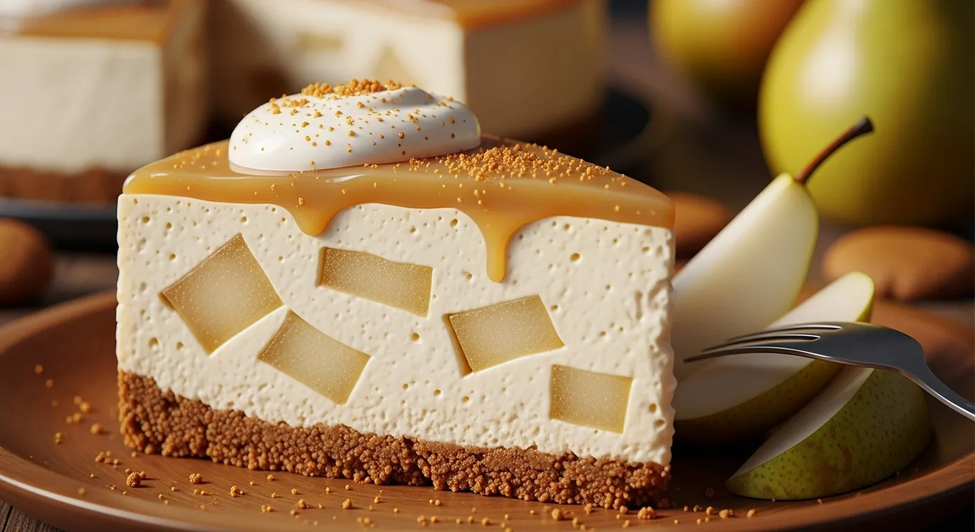 Thumbnail of creamy ginger pear cheesecake slice.