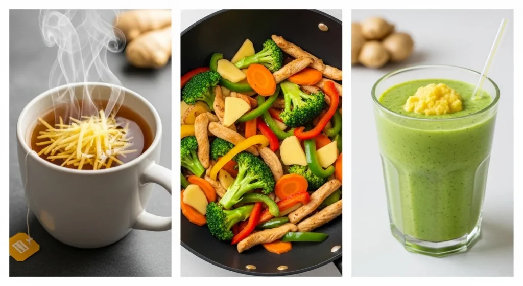 Ginger in tea, stir-fry, and smoothie.