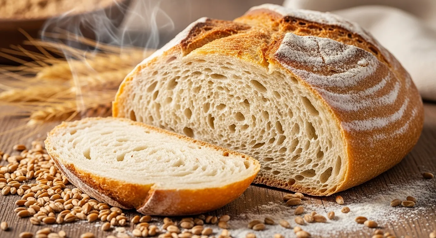 Thumbnail of sliced bread with airy texture on wood.