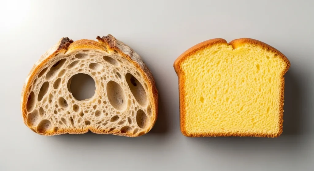 Close-up of chewy bread slice next to tender cake slice.
