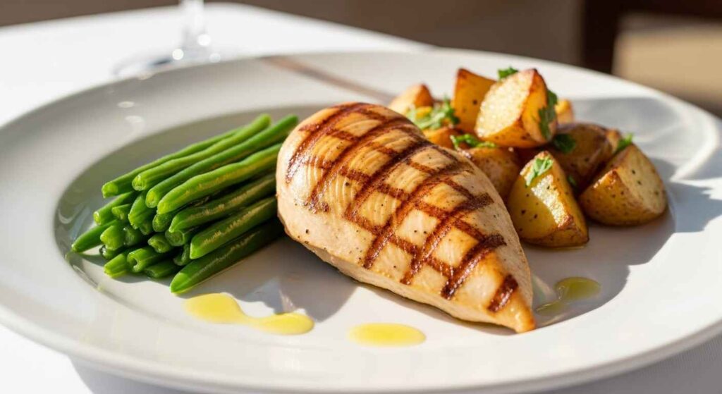 Dinner plate showing portion of seasoned green beans alongside chicken and potatoes