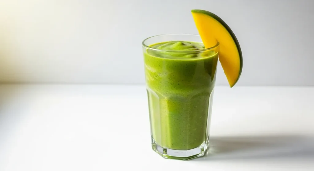 Green smoothie in a glass with spinach and mango.