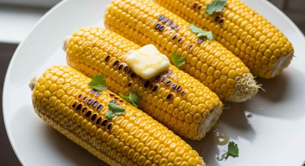 Grilled ears of corn with light char marks.