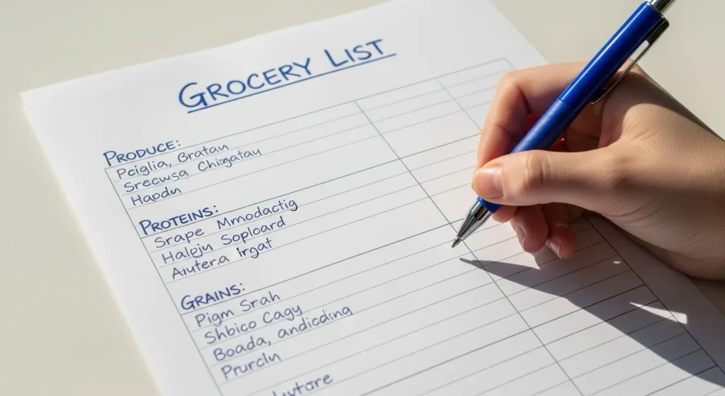 Handwritten grocery list with food categories.