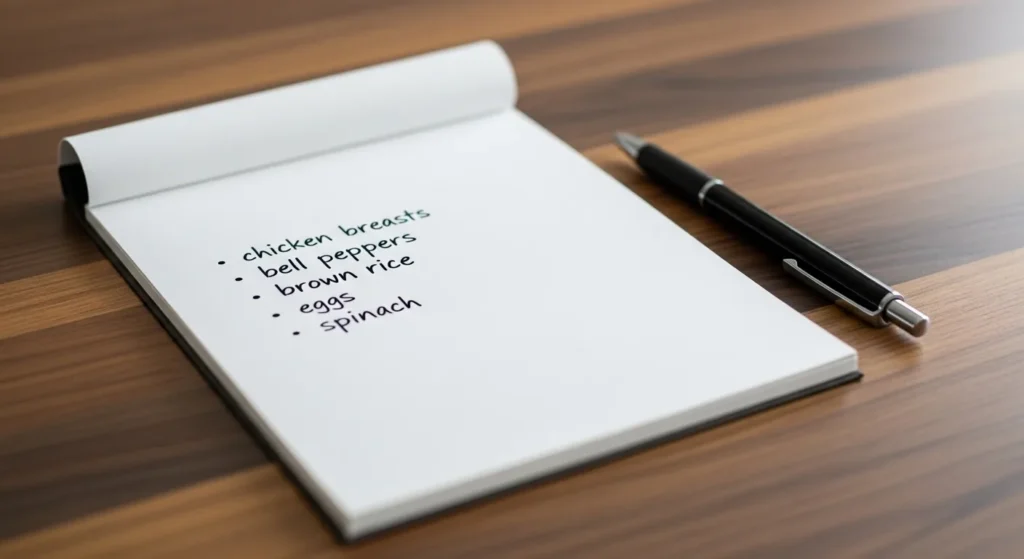 Grocery list on notepad for busy parents meal prepping.