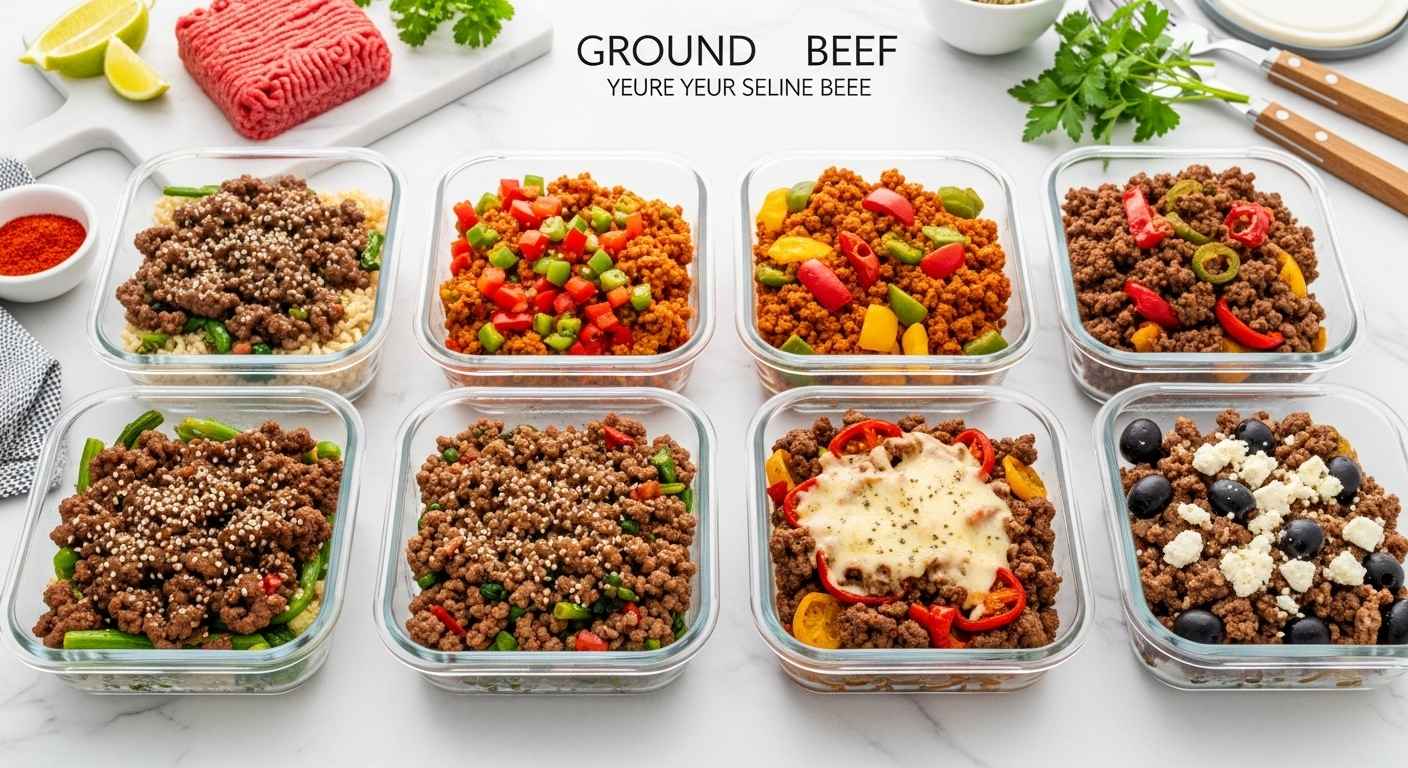 Ground beef meal prep thumbnail showing organized glass containers with Korean bowls, taco meat, and Italian skillet meals on marble countertop