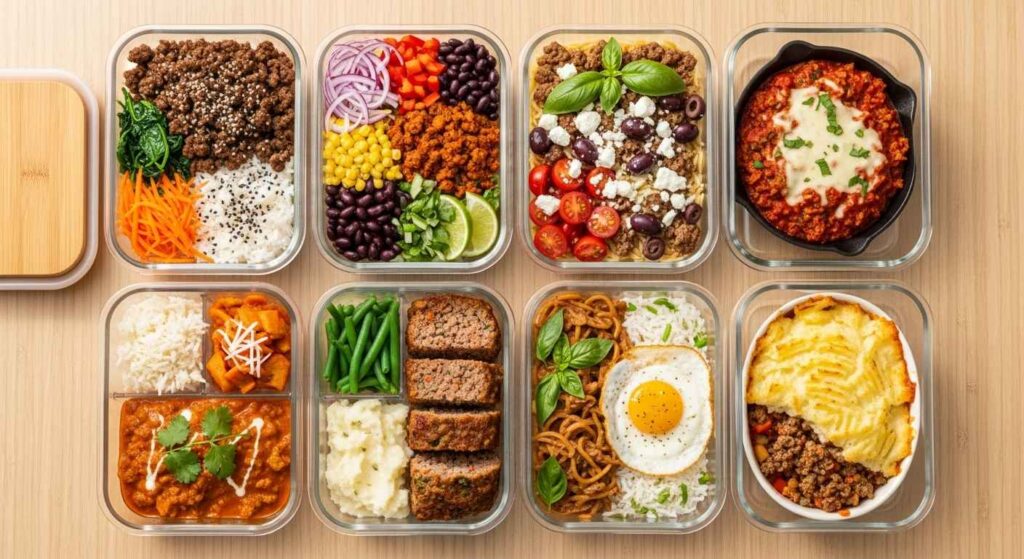 Assorted ground beef meal prep containers showing Korean bowls, taco meat, Italian skillet, and Greek rice bowls