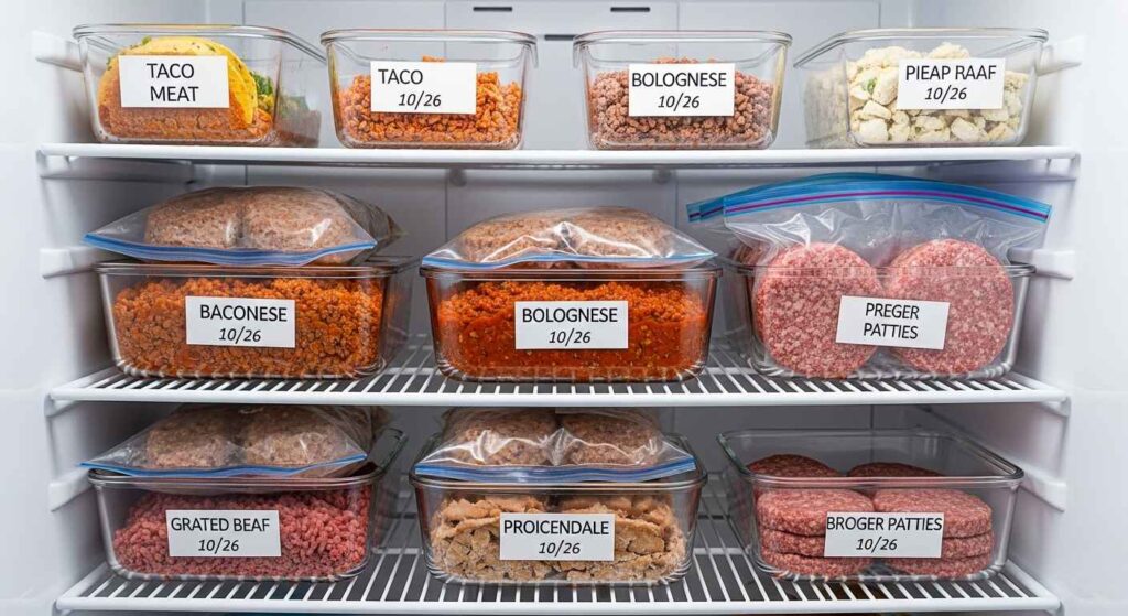 Freezer storage bags and glass containers labeled with ground beef meal prep portions and dates