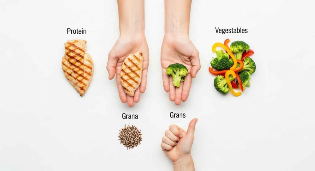 Hands demonstrating portion sizes with different food groups