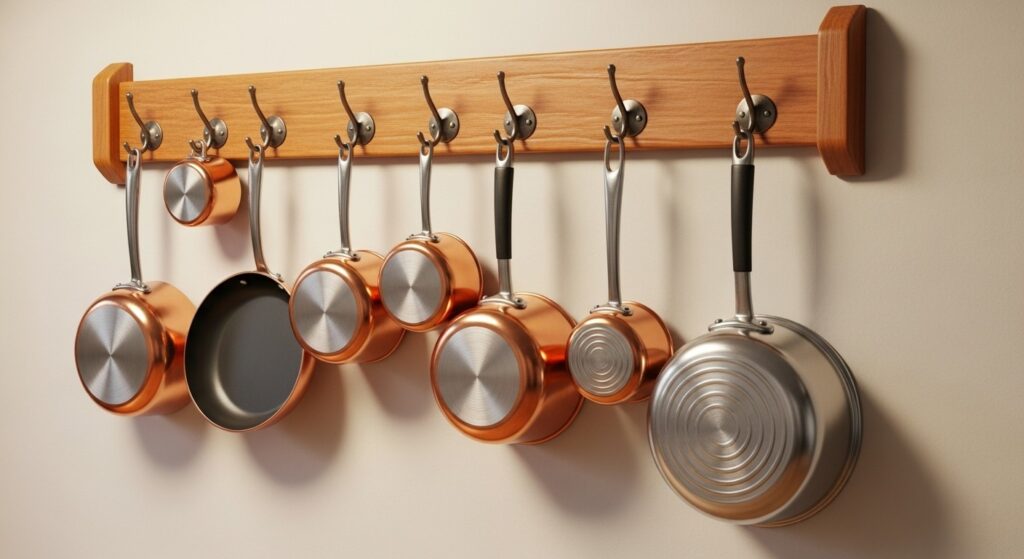 Wall-mounted rack with hanging pots and pans