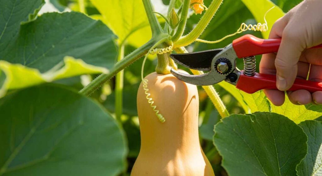 Gardener harvesting mature winter squash.