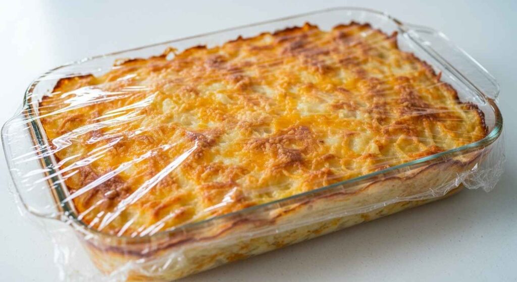 Storing leftover hashbrown casserole in a container.