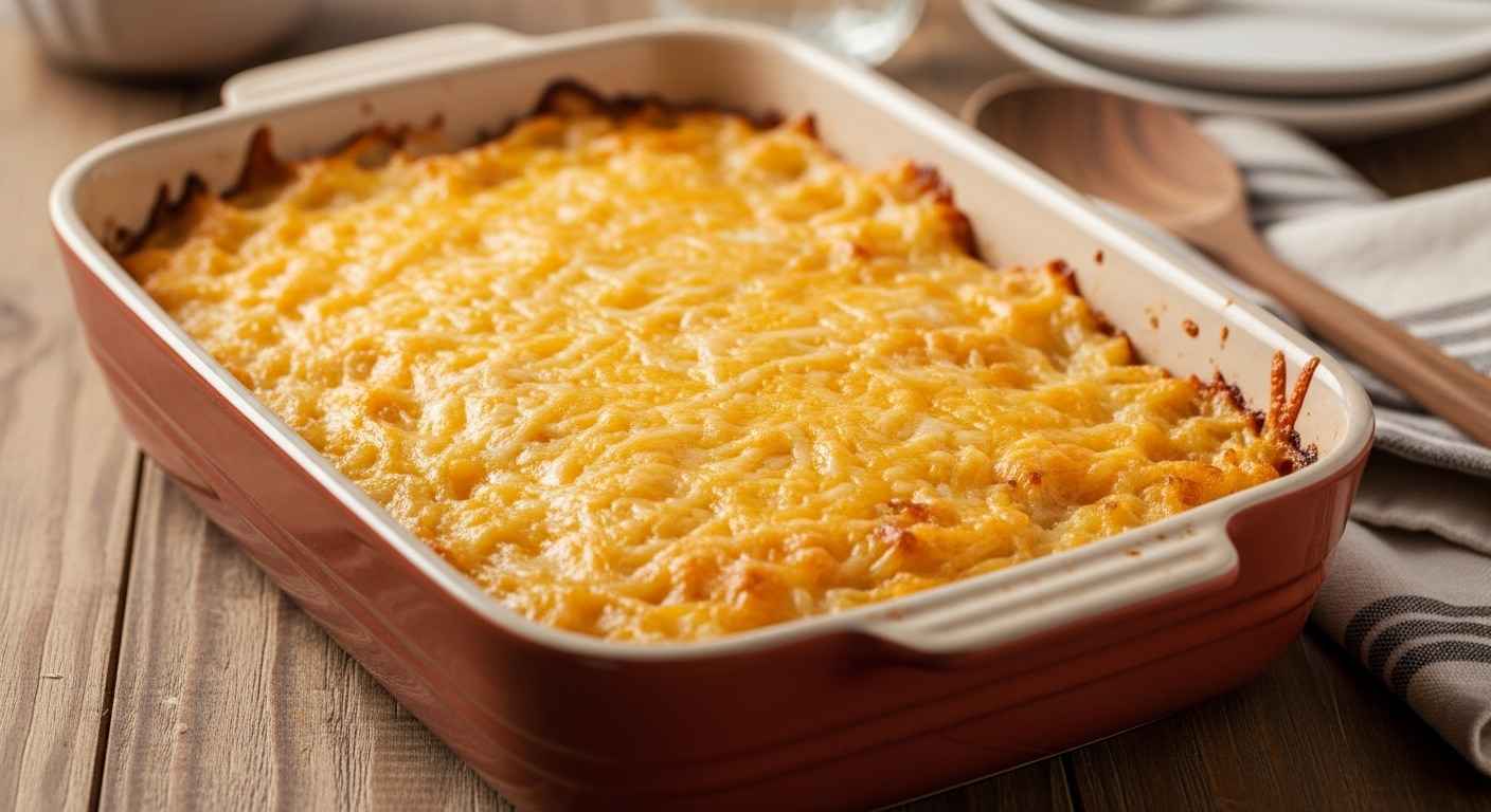 Cheesy Cracker Barrel hashbrown casserole in a dish.