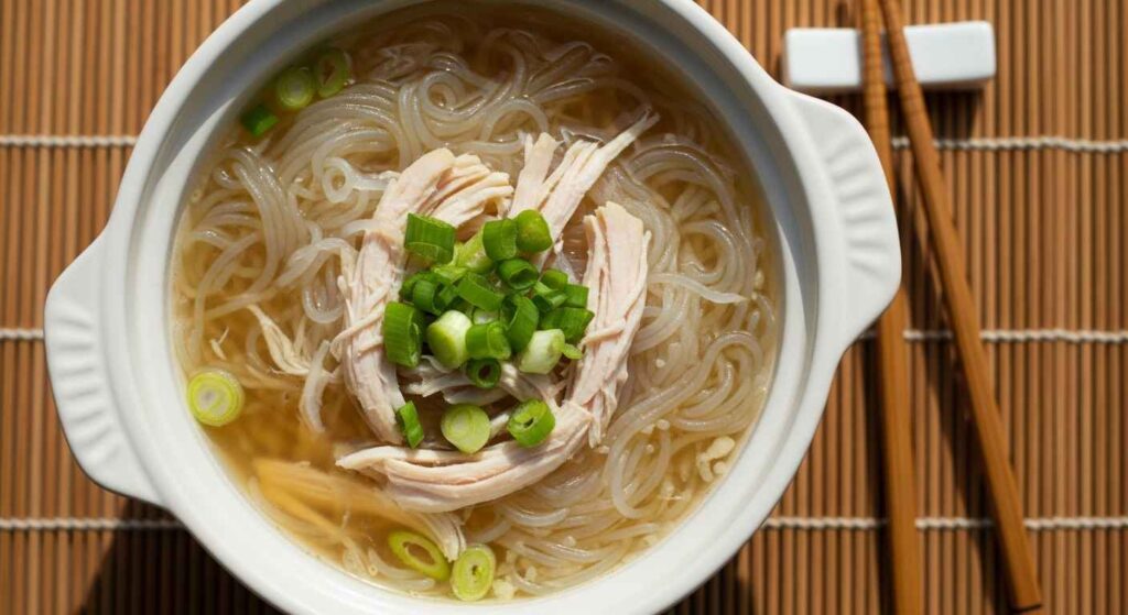 Overhead view of chicken long rice soup in white bowls with translucent noodles and shredded chicken