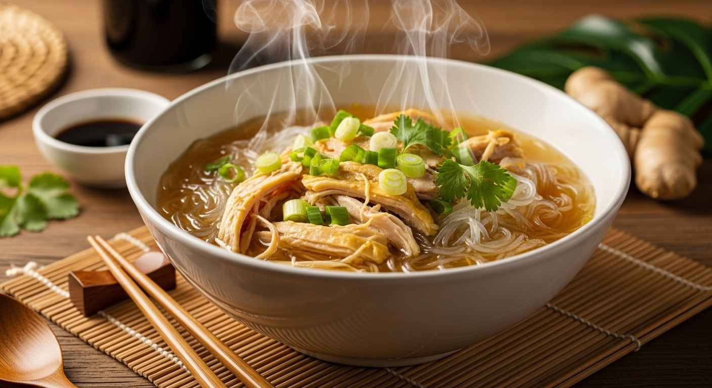 Hawaiian chicken long rice recipe thumbnail showing bowl of soup with shredded chicken, glass noodles, and chopsticks