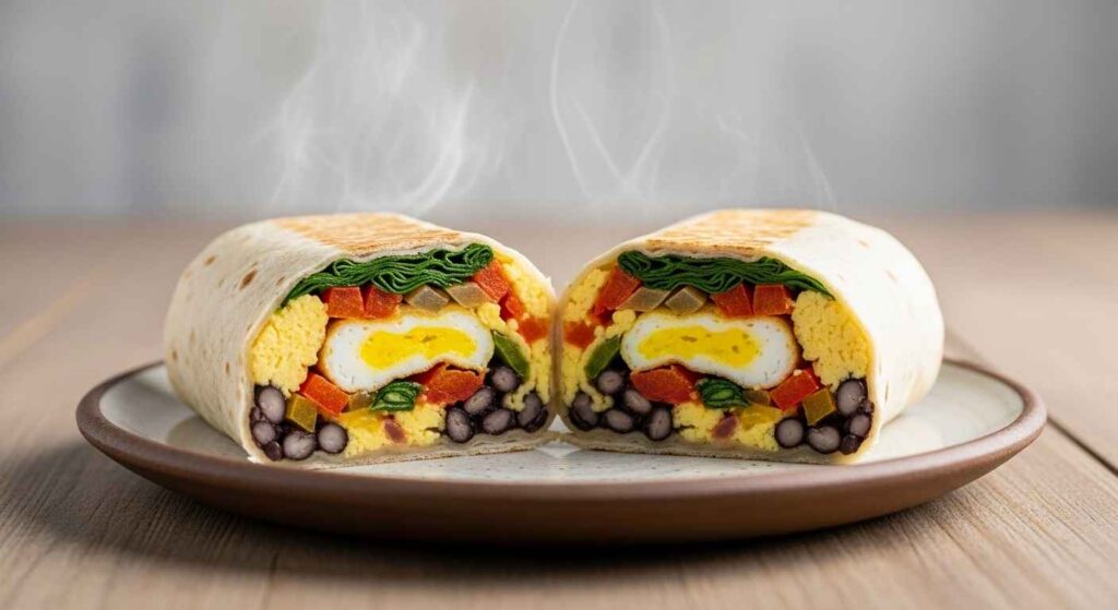 Sliced breakfast burrito on plate with steam rising.