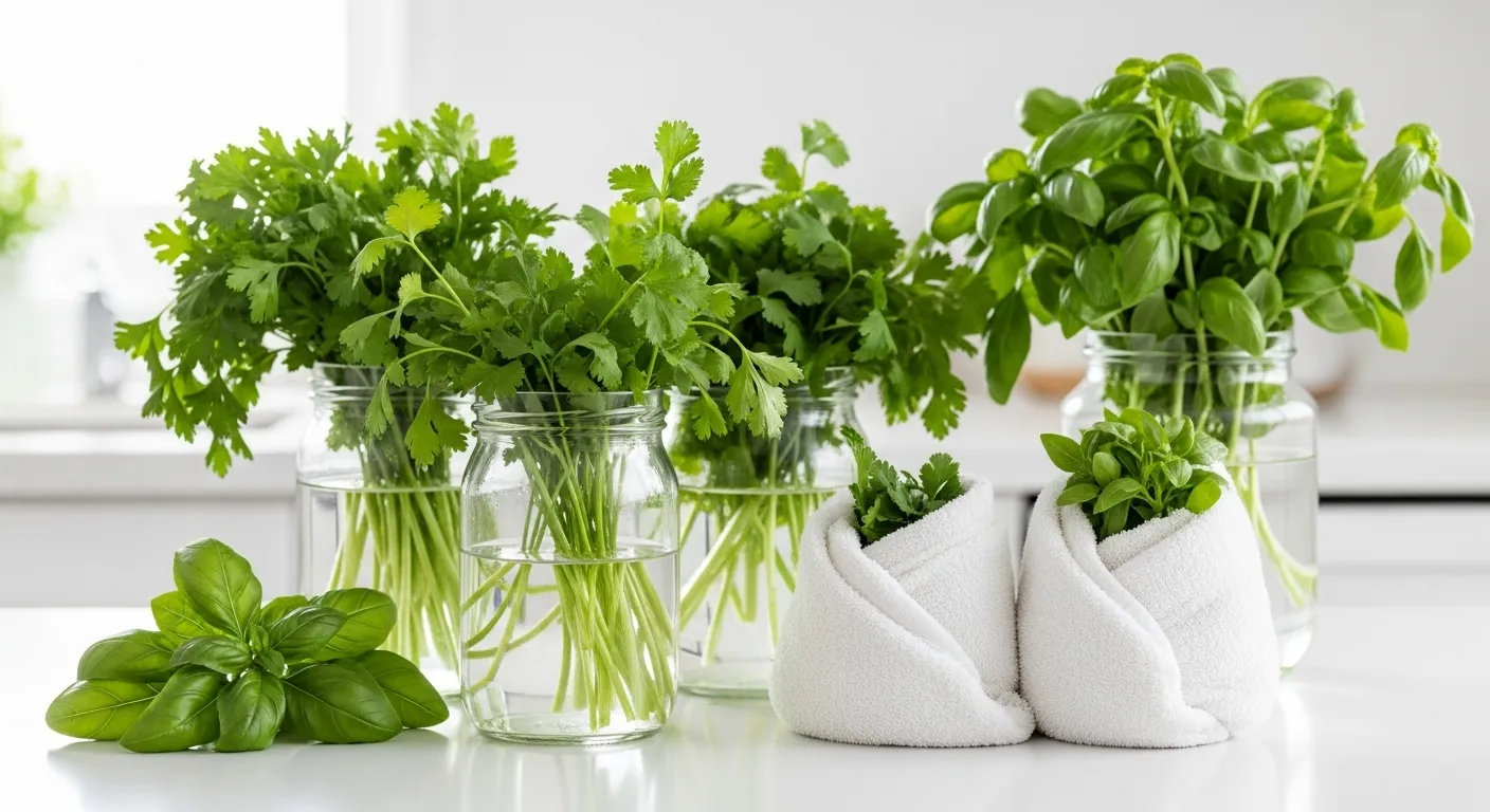 Fresh parsley, cilantro, and basil stored in jars and wrapped in towels.