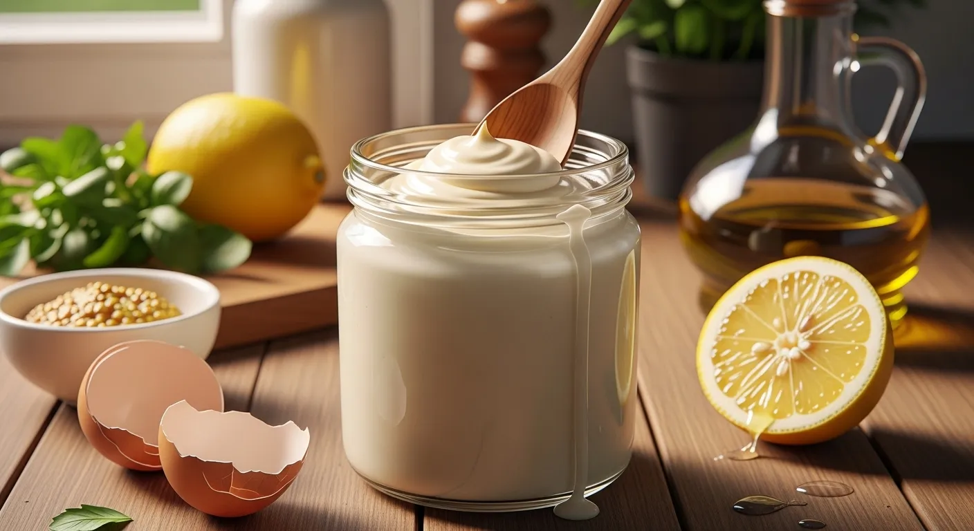 Close-up of jar with creamy homemade mayonnaise and ingredients