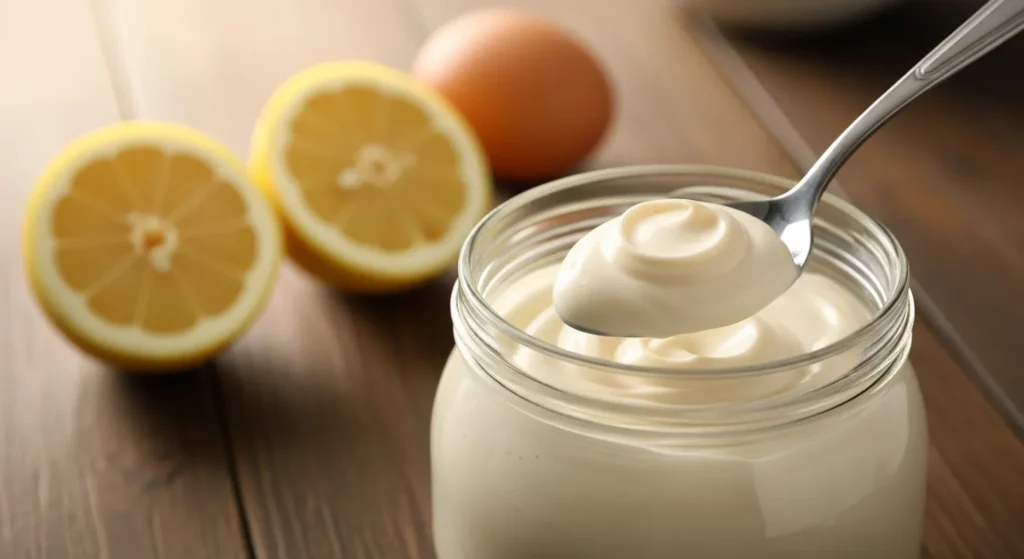 Jar of creamy homemade mayonnaise with spoon