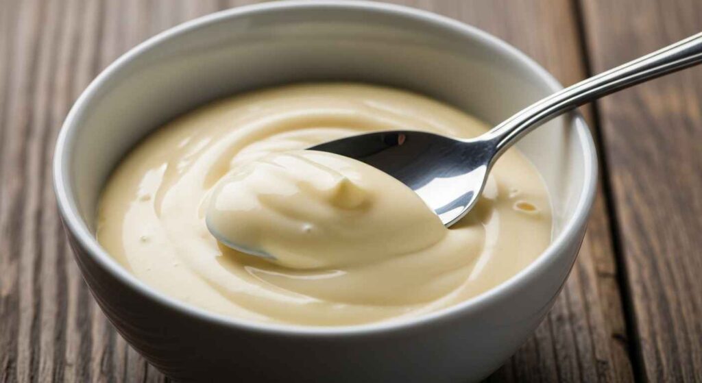 Bowl of thick homemade mayo with a spoon.