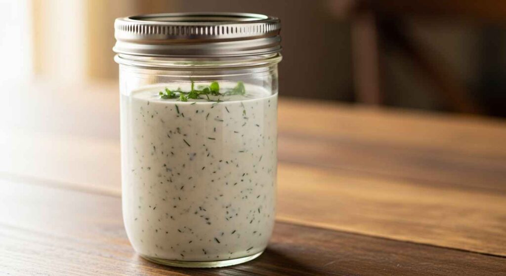 Jar of creamy homemade ranch dressing.