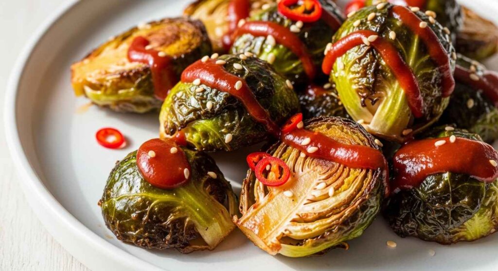 Crispy Brussels sprouts with honey sriracha glaze.