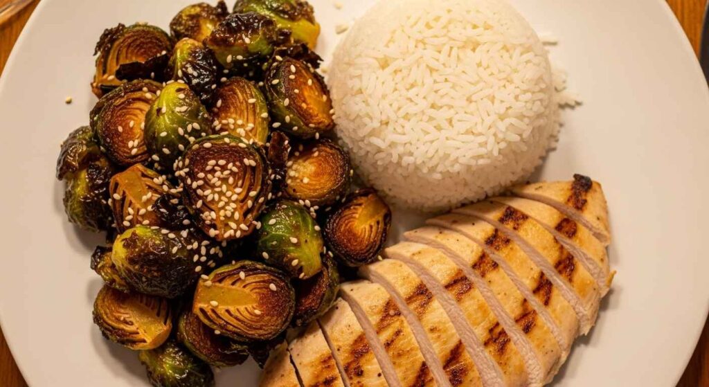 Side dish of spicy Brussels sprouts next to protein.