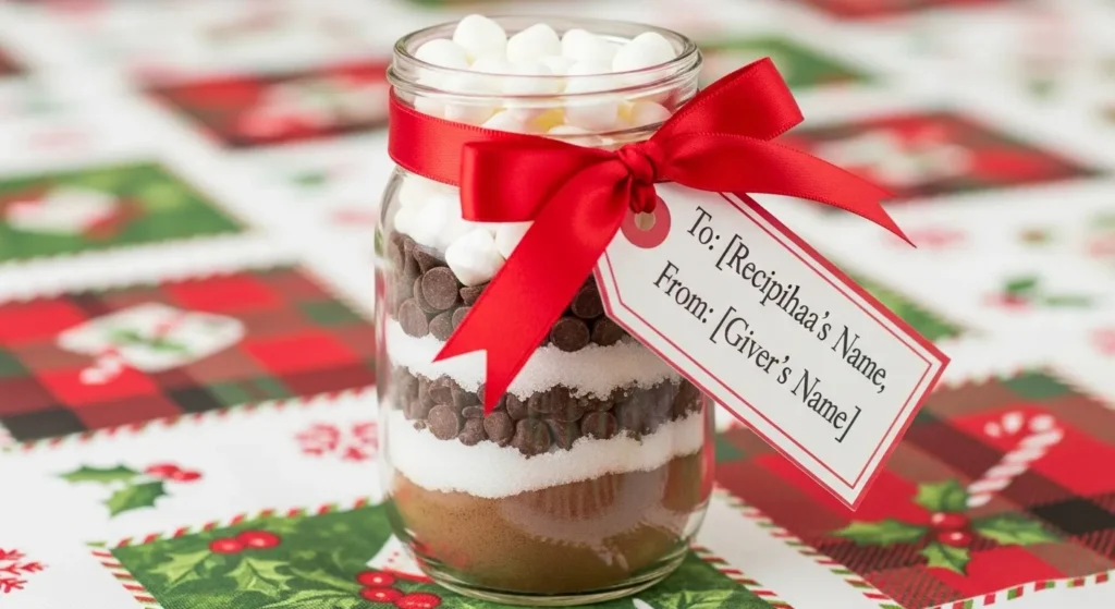 Mason jar of hot cocoa mix with a red ribbon and gift tag