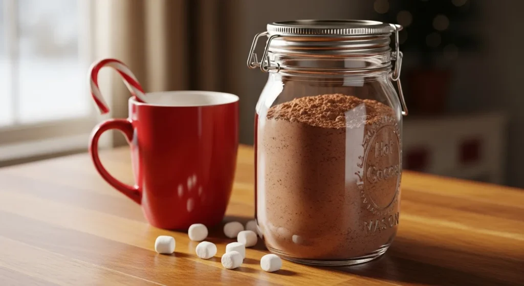 Mason jar filled with hot cocoa mix on a cozy kitchen counter