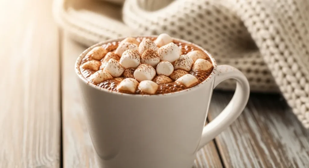 Mug of hot cocoa with mini marshmallows on a wooden table.