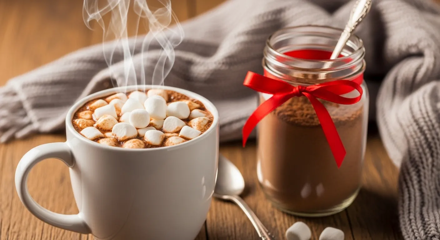 Steaming mug of hot cocoa with a mason jar of mix