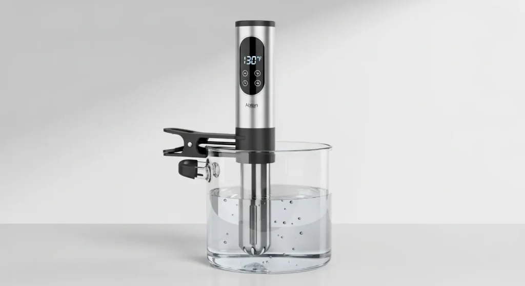 Setup of immersion circulator for sous vide cooking.