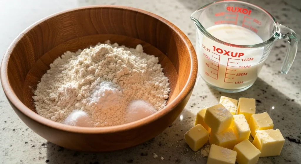 Bowl of flour, butter, and buttermilk for biscuit recipe.