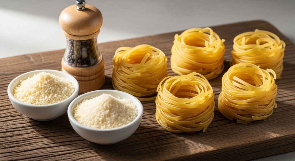 Ingredients for Stanley Tucci inspired cacio e pepe recipe including pasta, Pecorino, Parmigiano, and pepper.