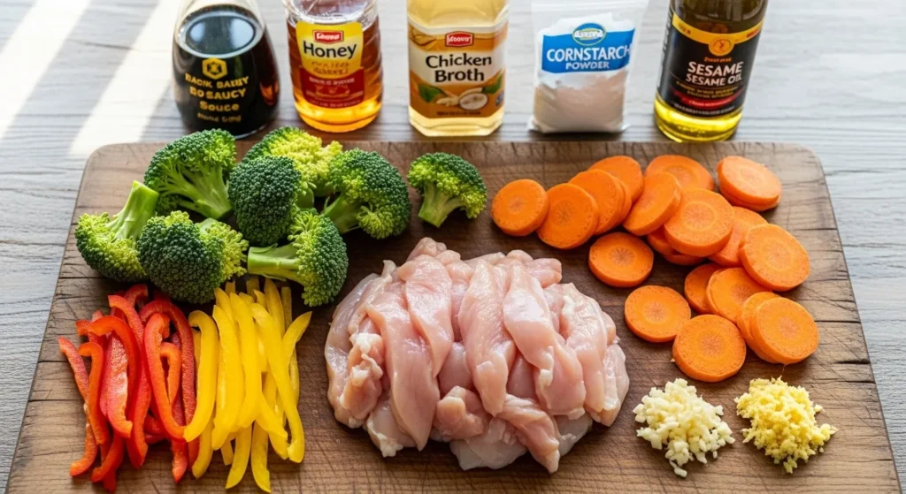 Ingredients for quick chicken stir fry including chicken, broccoli, bell peppers, carrots, garlic, and ginger.