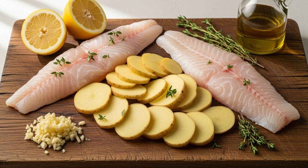 Array of cod fillets, sliced potatoes, lemon, thyme, and garlic