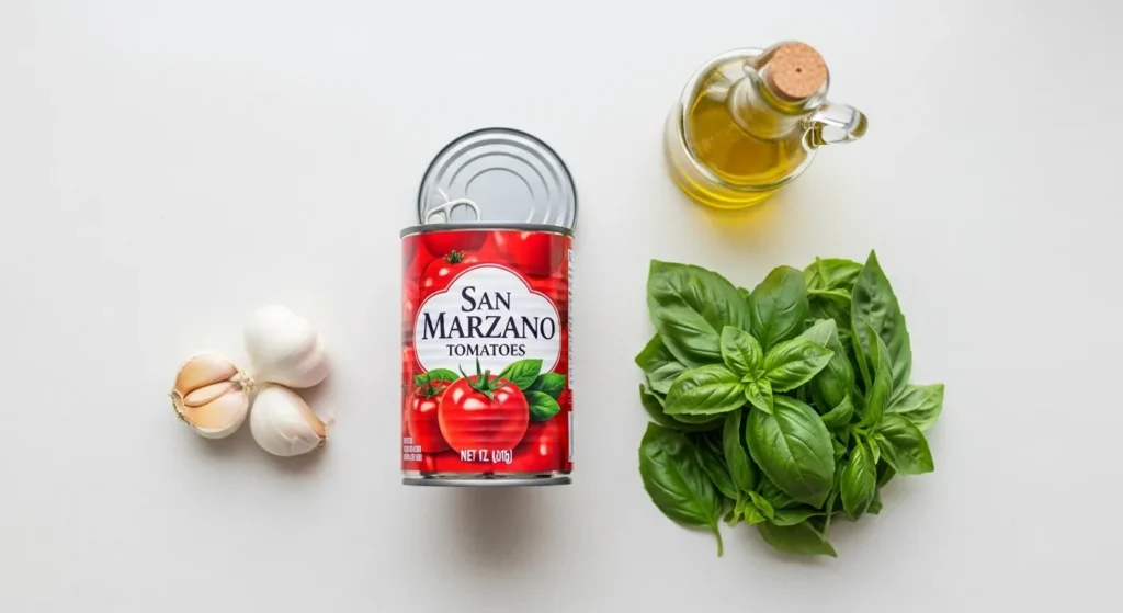 Flat lay of canned tomatoes, garlic, basil, and olive oil