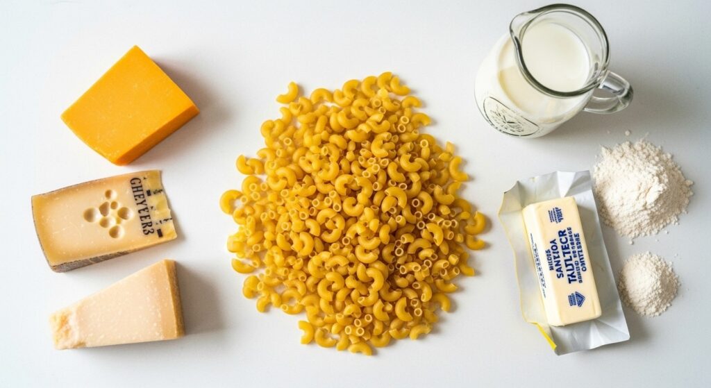 Shredded cheeses, pasta, and milk on a counter.