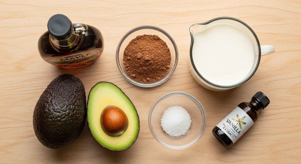 Ingredients including avocados, cocoa powder, and maple syrup.