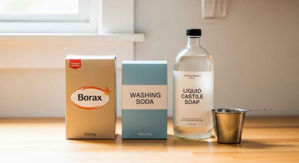 Borax, washing soda, and castile soap on a wooden counter for laundry detergent recipe.