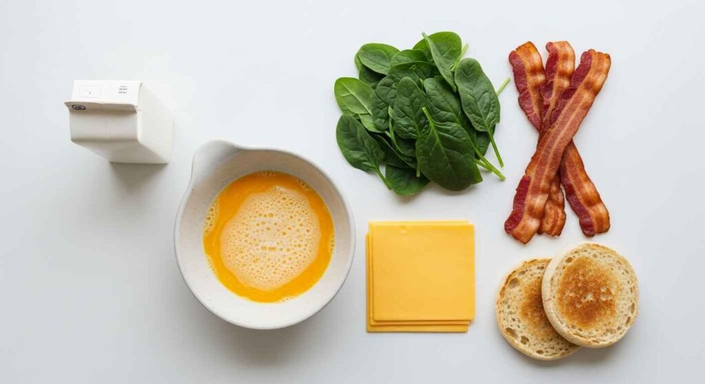 Eggs, muffins, cheese, and bacon on table.