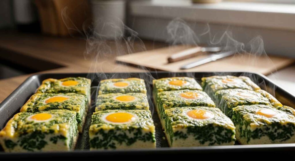 Baked eggs in dish sliced for sandwiches.