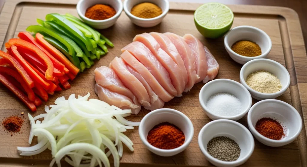 Colorful bell peppers, onion, chicken strips, and spices for fajitas.