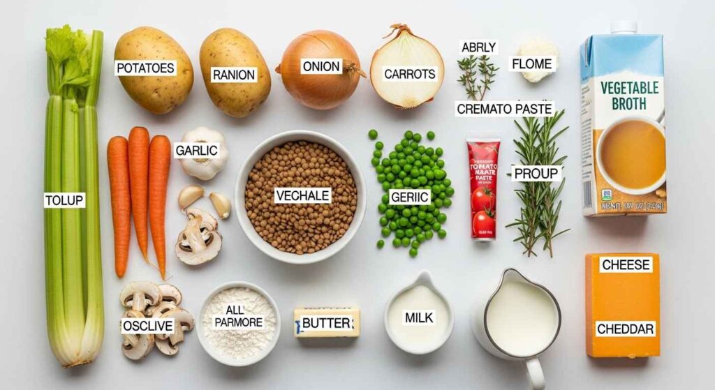 Ingredients for vegetarian shepherd’s pie including potatoes, lentils, vegetables, and herbs.